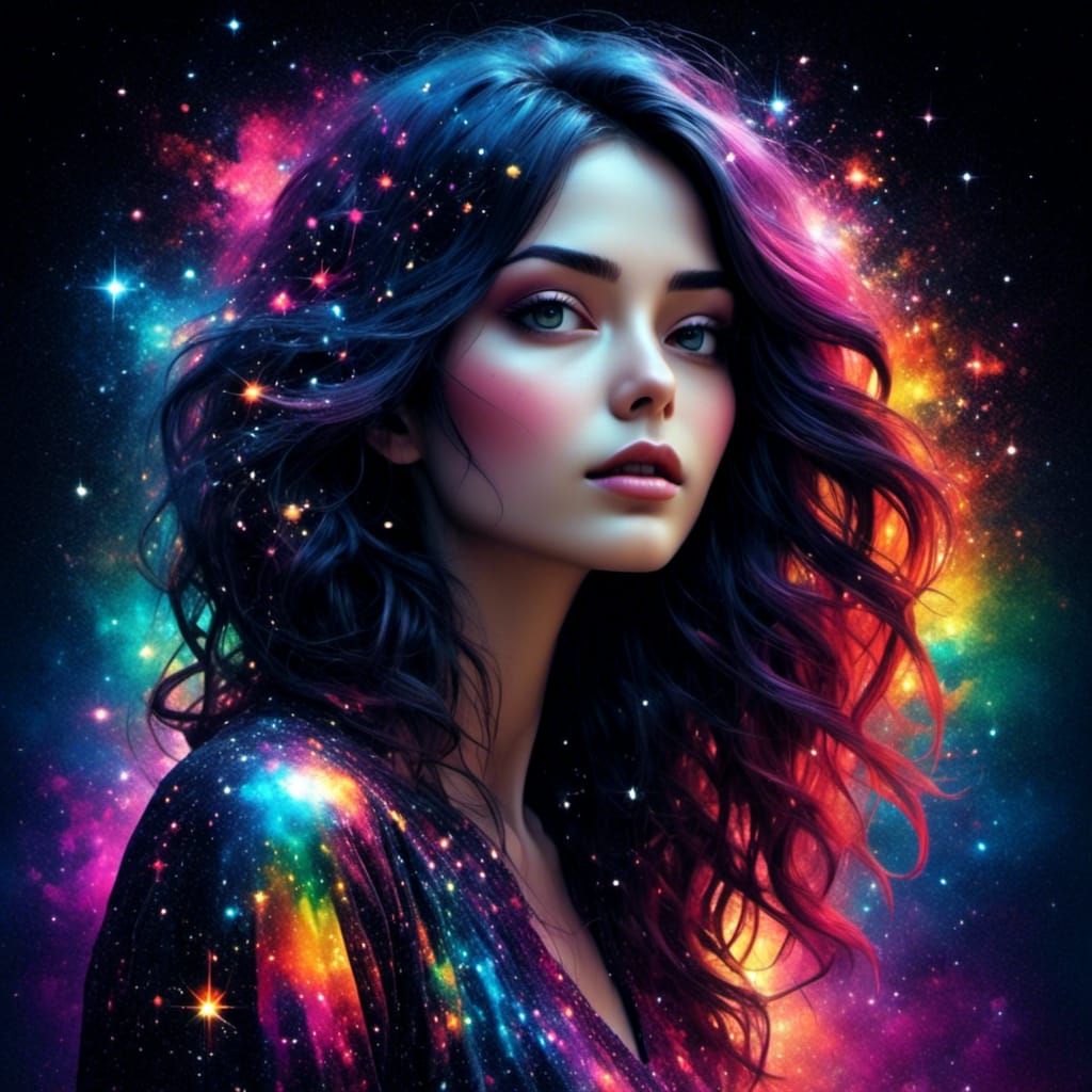 Starlight Woman with Rainbow Double Exposure