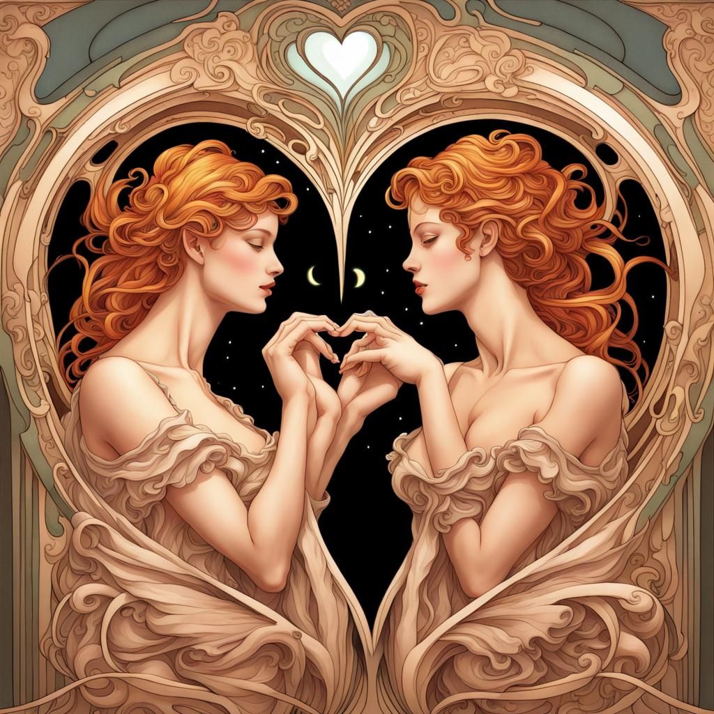 Twin Flames Emanate from Loving Heart in Art Nouveau Style