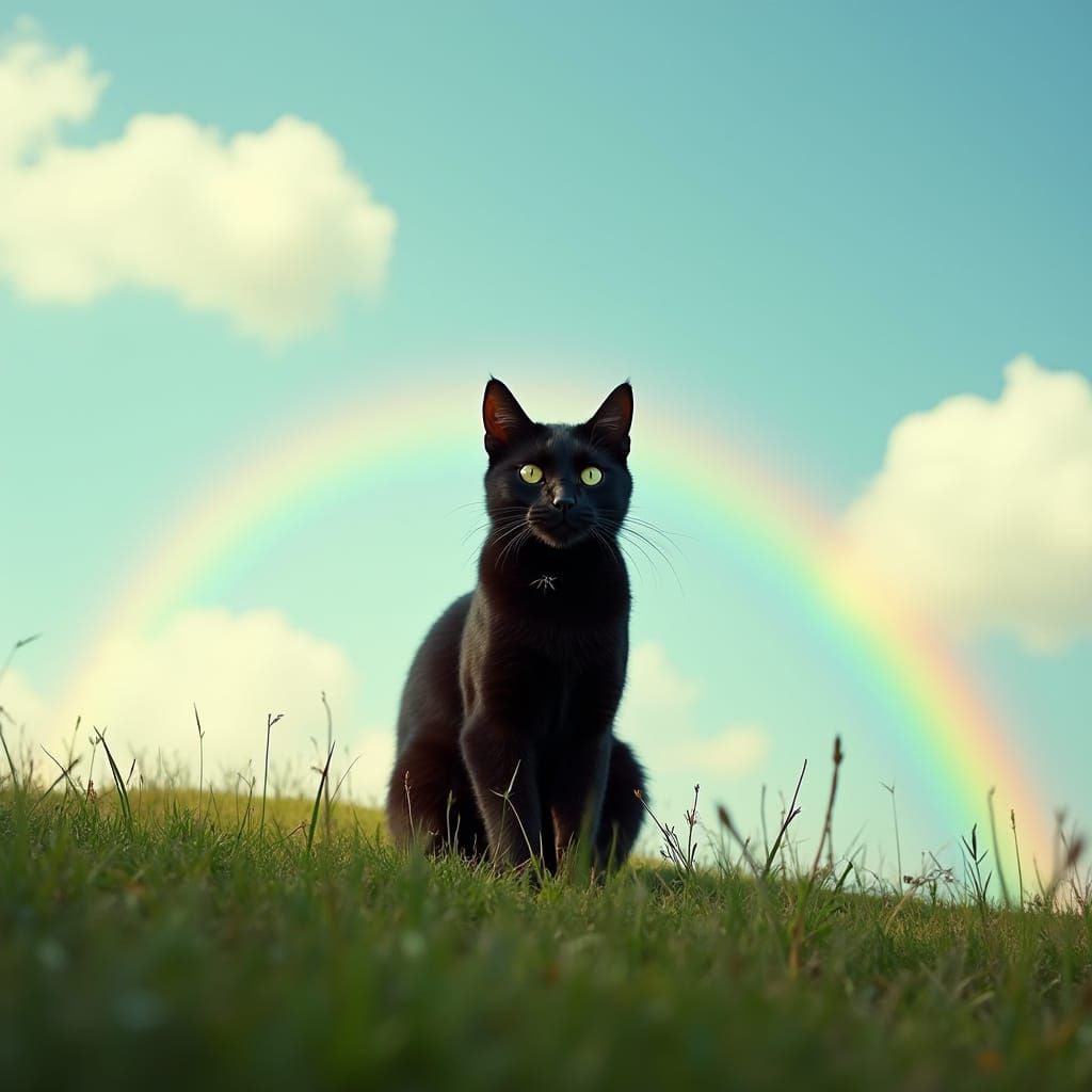 Ethereal Black Cat Surrounded by Rainbow in Vibrant Light Bl...