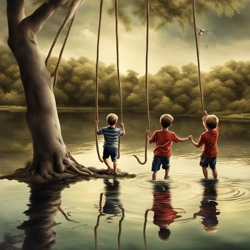 Boys Playing at Pond with Rope Swing