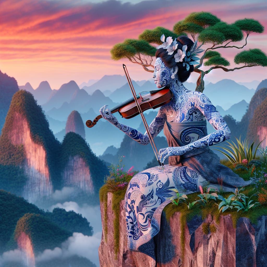 South Asian Woman with Porcelain Tattoo Playing Violin