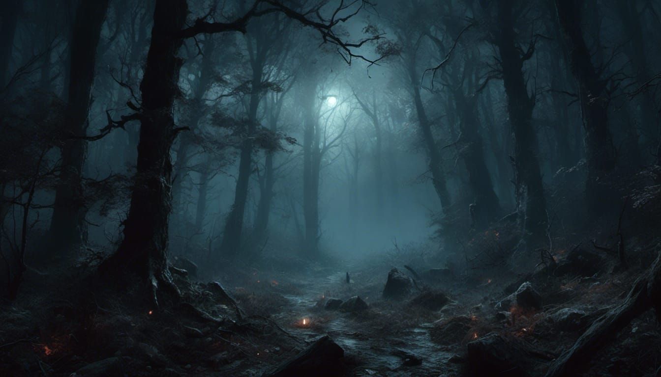 Mysterious Ominous Forest at Night: Dark Fantasy Art