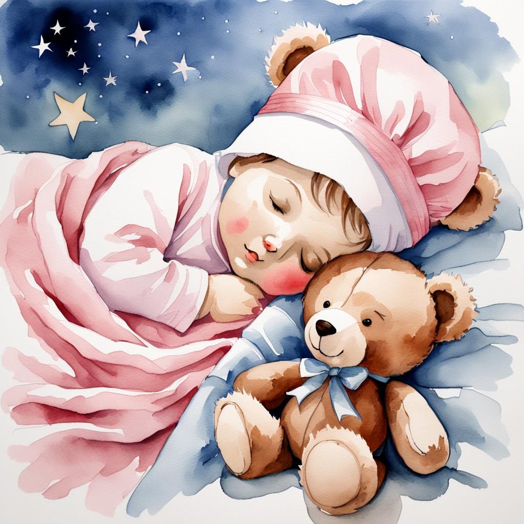 Infant Girl Sleeping with Teddy Bear in Watercolor