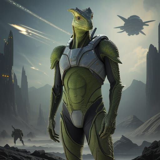 Hyperrealistic Sci-Fi Lizardmen Rulers on Alien Planet