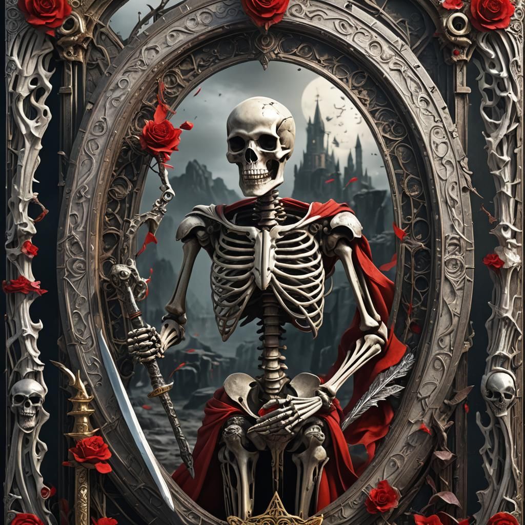 The Strength Tarot Card with Skeleton and Mirror