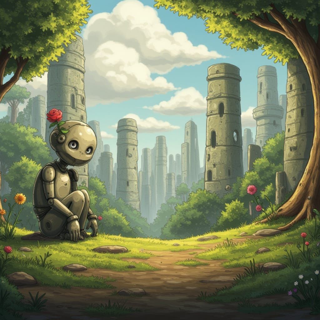 Ancient Robot with Rose in Post-Apocalyptic Park