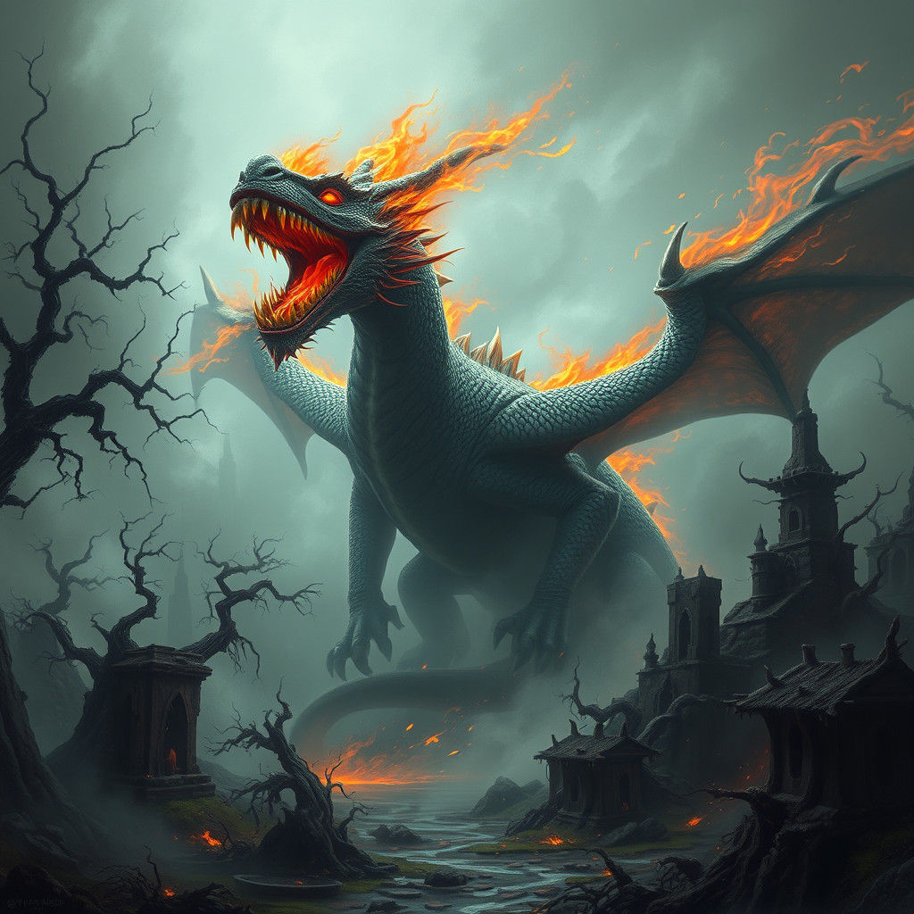 Majestic Fire Dragon in Mystical Landscape