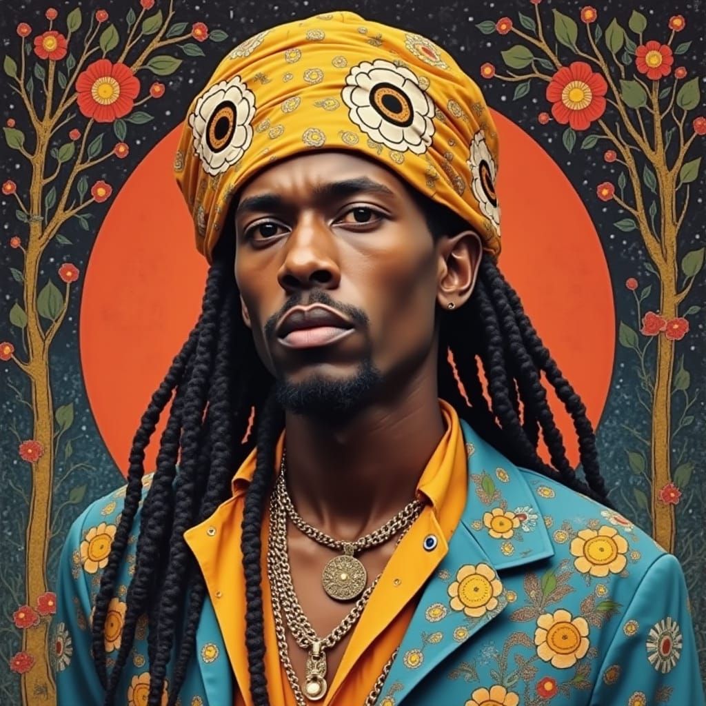 Dreadlocked African Man in Psychedelic Klimt-Inspired Scene