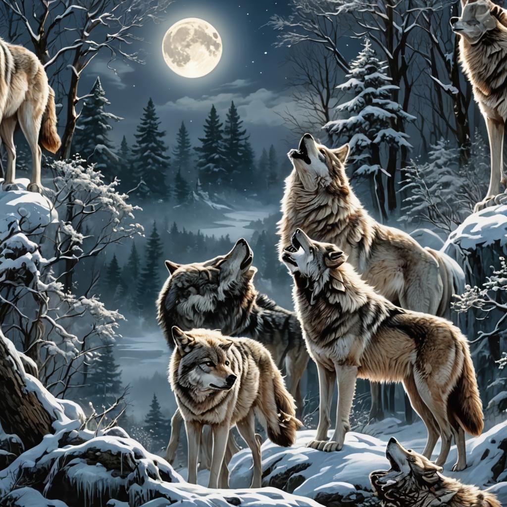 Wolves Howling Under Moonlight in Winter Snowfall