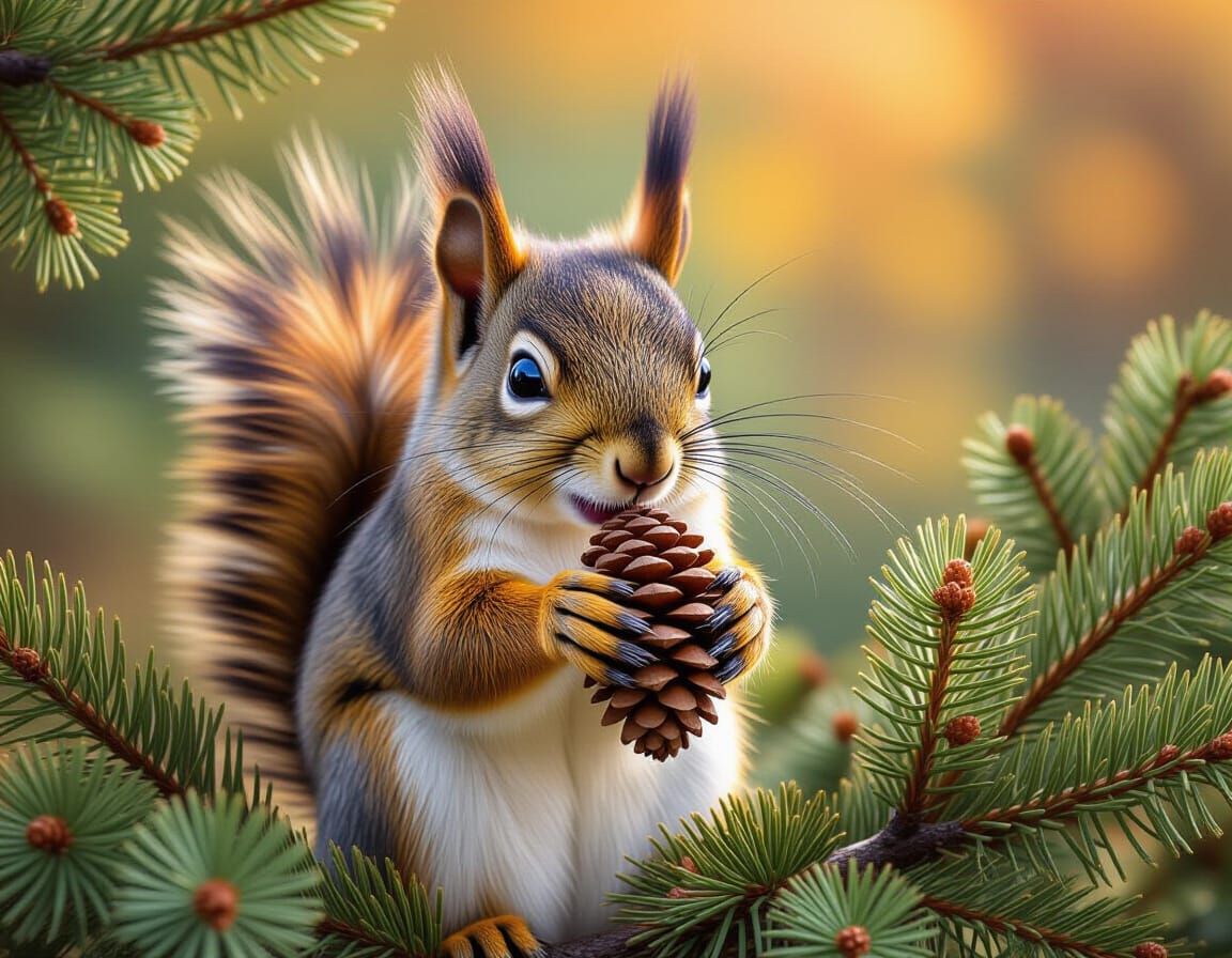 Hyperrealistic Squirrel with Cedar Cone in Splash Art Style