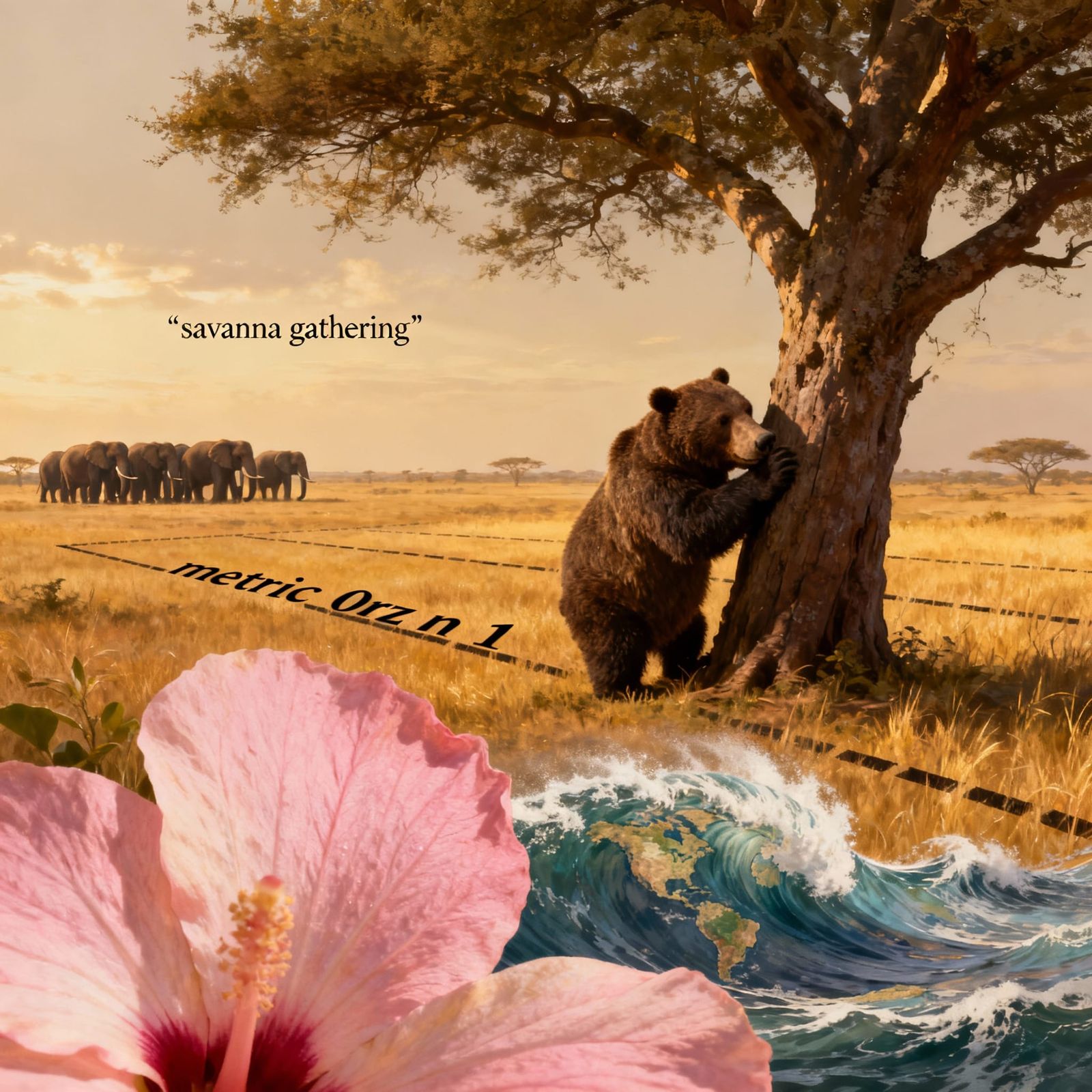 Pink Petal, Bear, and Elephant Herd in Savanna Landscape