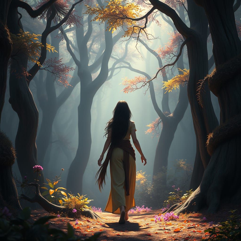 Bird Goddess in Mystical Forest: Dark Fantasy Concept Art