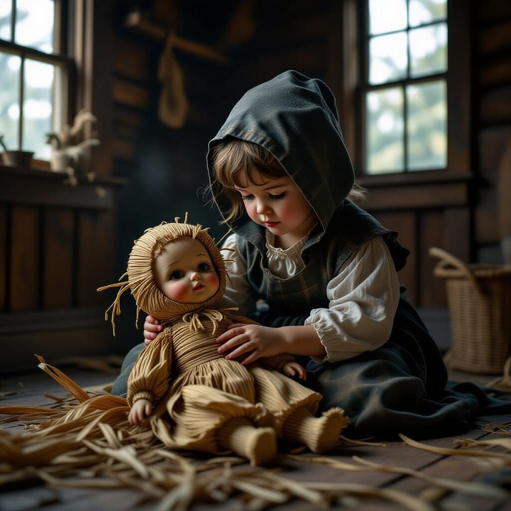 Puritan Child and Corn Husk Doll in Dusty Room