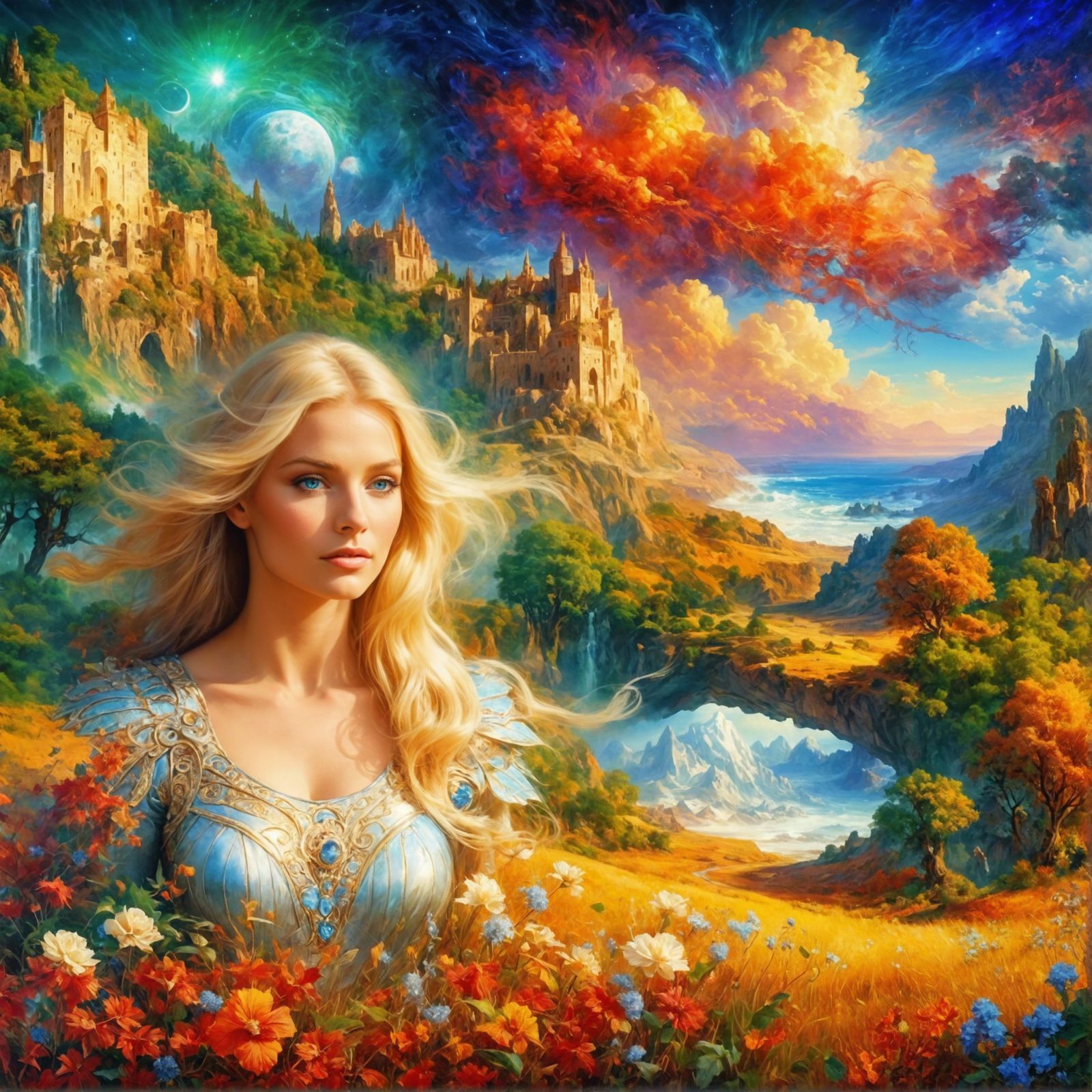 beautiful Cinematic fantasy landscape and a beautiful model in a boris vallejo style a very beautiful blond woman with b...