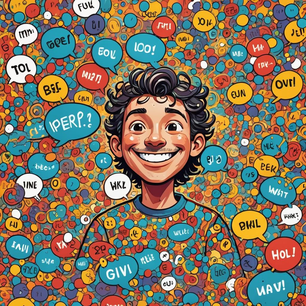 Smiling Cartoon Character in Vibrant Wordplay Scene