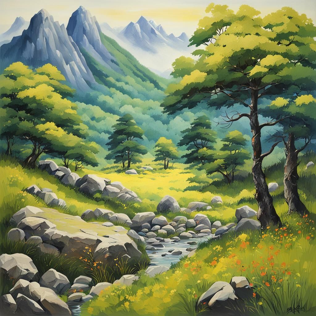 trees, forests, meadows, rocks, mountains