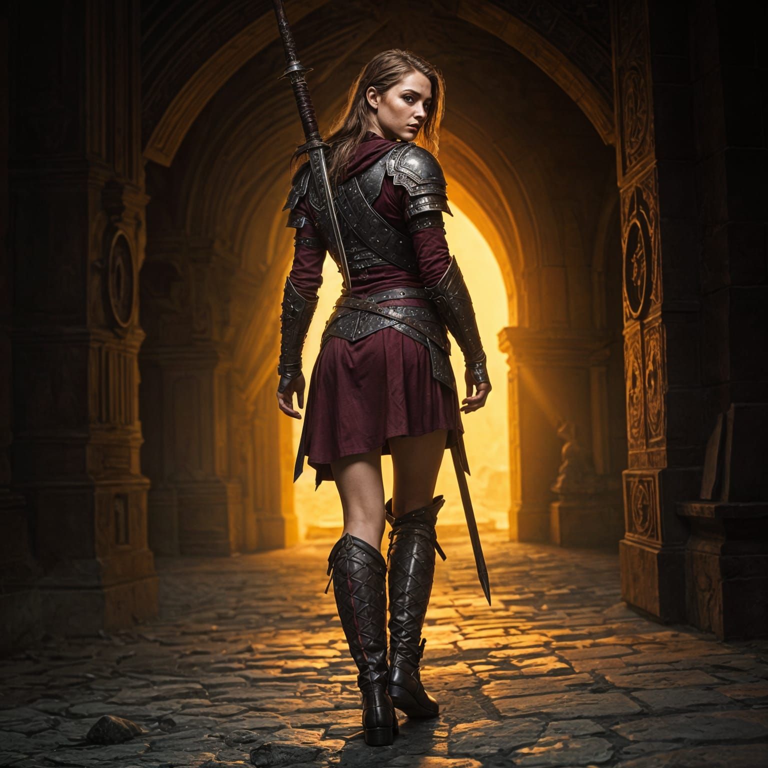 Hyperrealistic Warrior Queen in Burgundy Armor