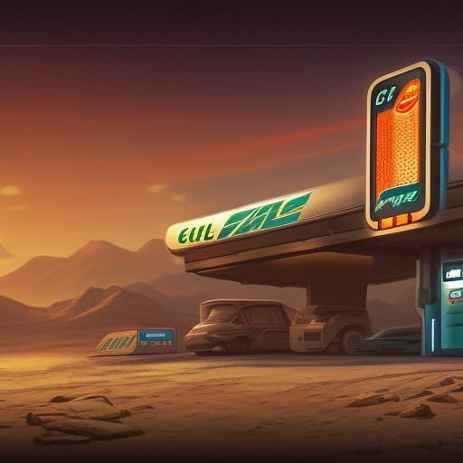 Retro Gas Station on Mars: Detailed Matte Painting
