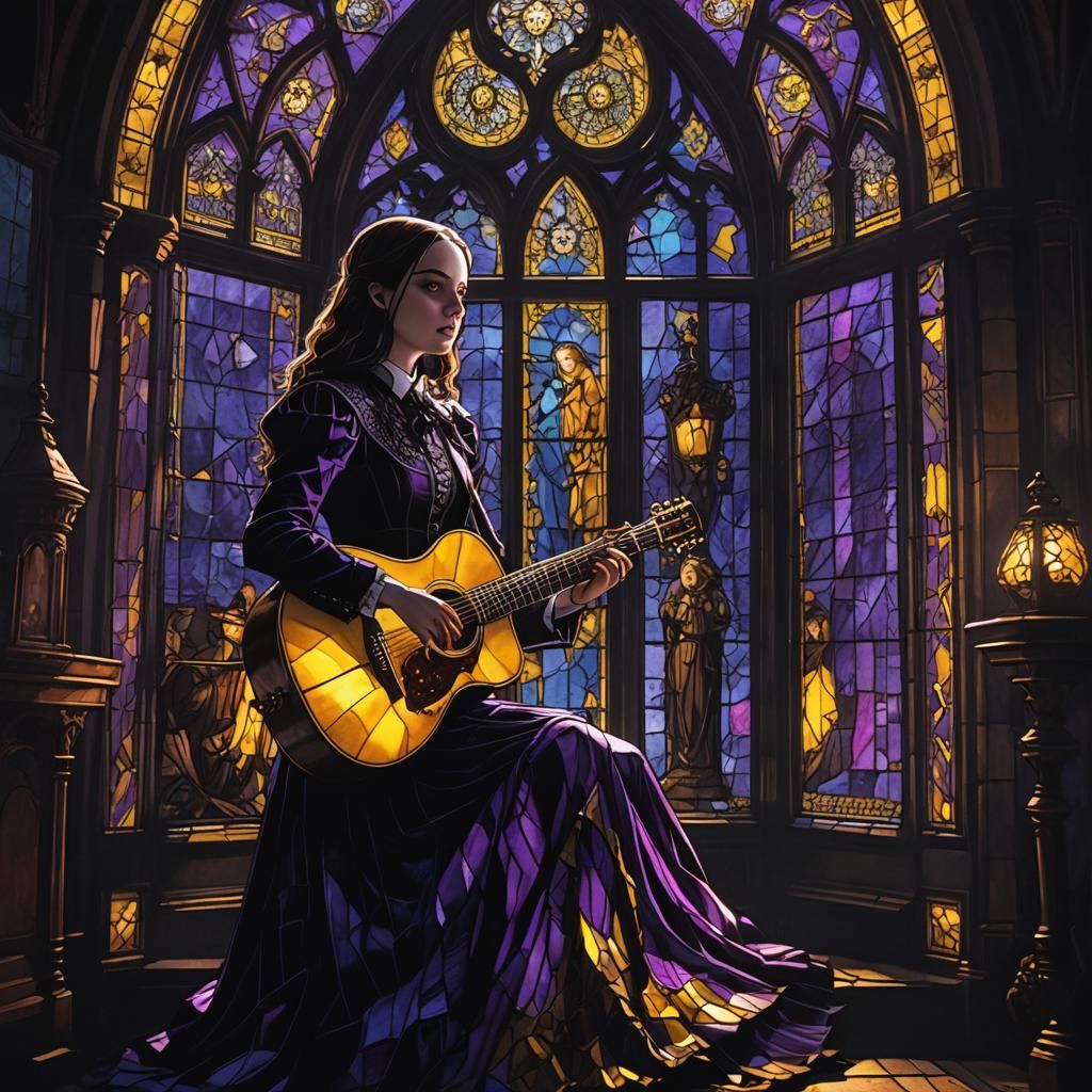 Wednesday Addams Plays Guitar in Gothic Setting