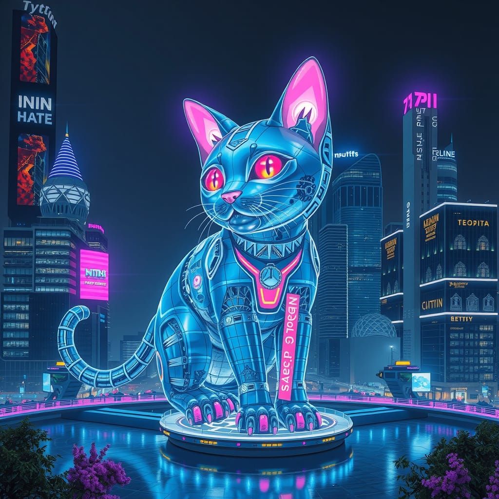 Futuristic Kitten in Iridescent Megastructure