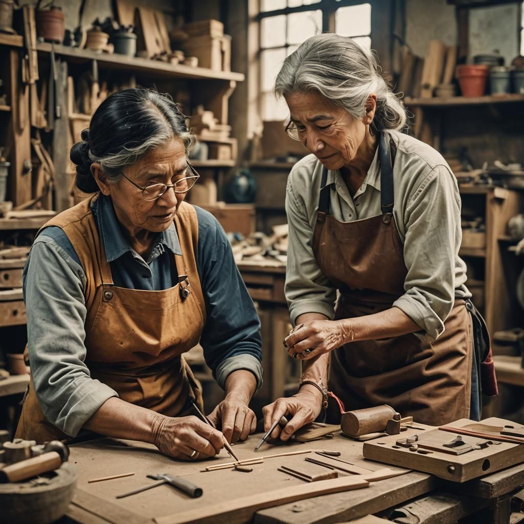 Craftswomen's Camaraderie: A Cinematic Film Still