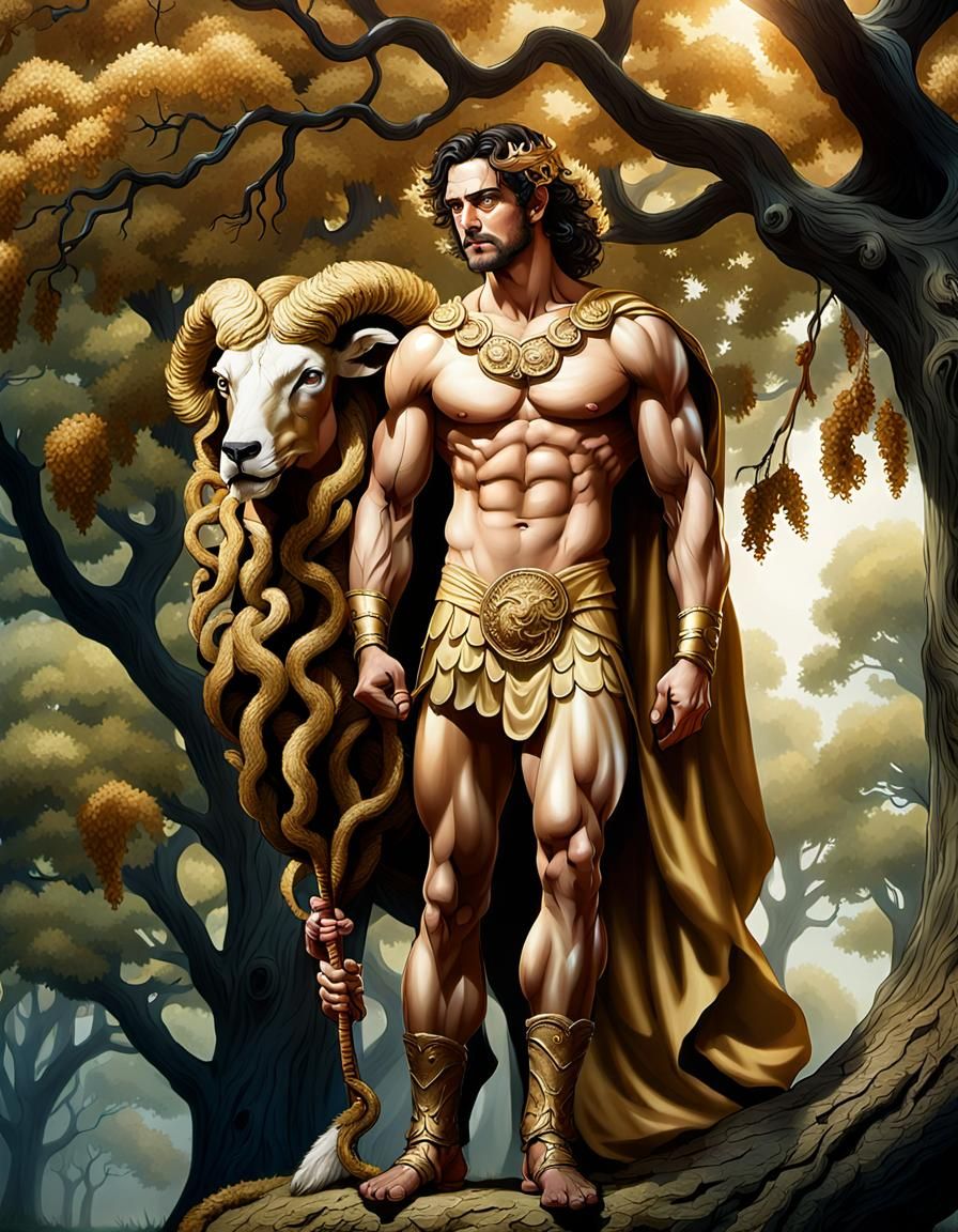 Epic Hyper-Realistic Portrait of Jason Holding Golden Fleece