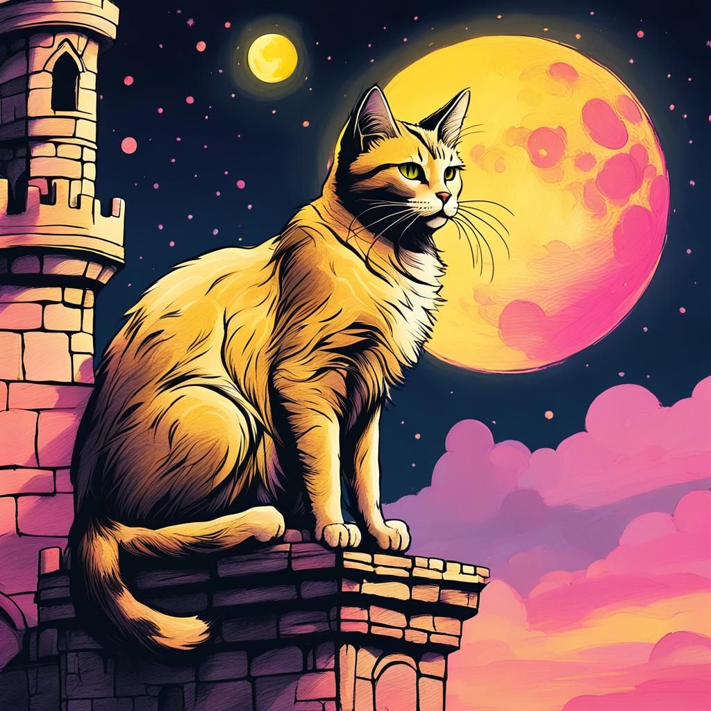 Whimsical Fantasy Cat on Castle at Sunset