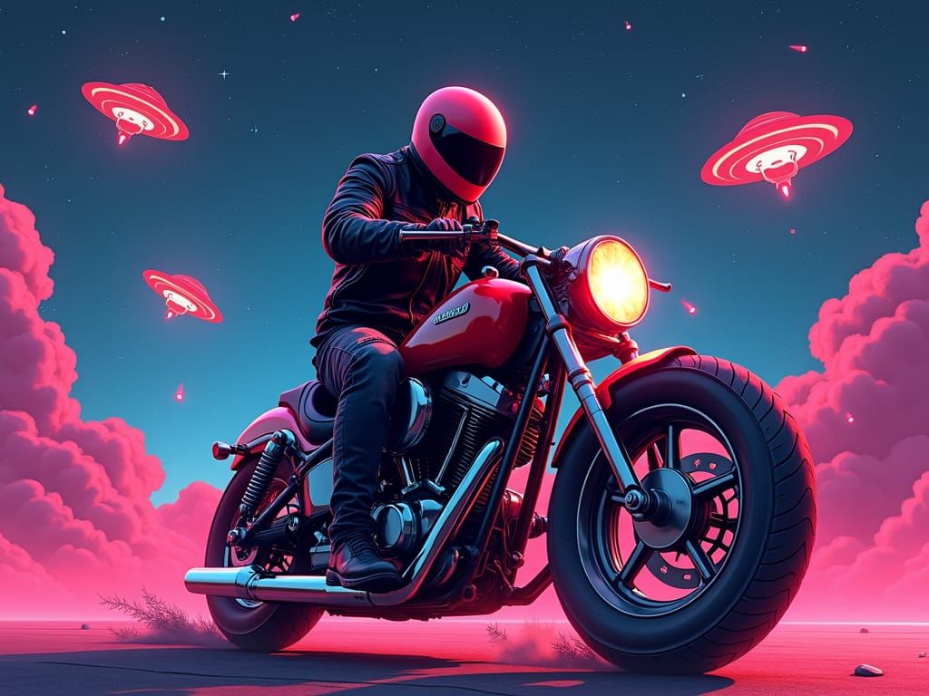 Man Rides Motorbike in Space Invaders Game: 80's Neon Art
