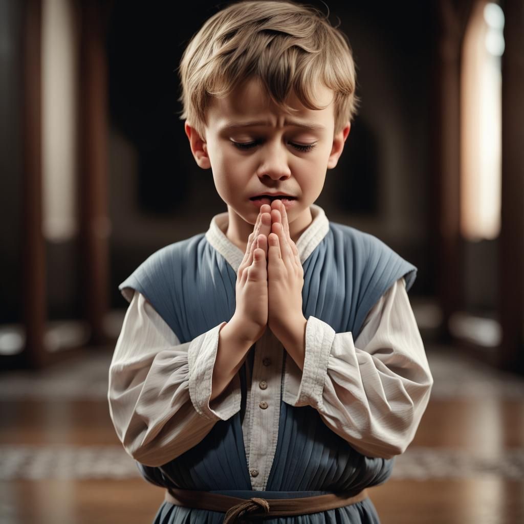 Boy Praying with Tears Visible, 8k Resolution