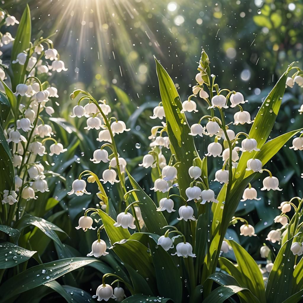 Lilies of the Valley in Morning Dew, Hyperrealistic Splash A...