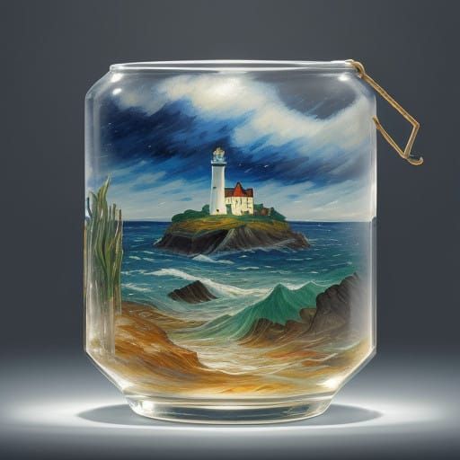 Neo-Expressionist Lighthouse in Glass Bottle