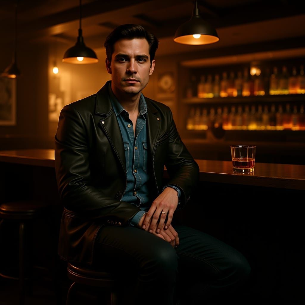 Lone Figure in Bar with Whiskey, Digital Art