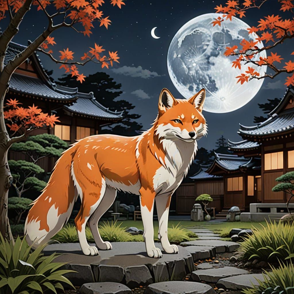 Kitsune Shapeshifter Under Full Moon in Japan