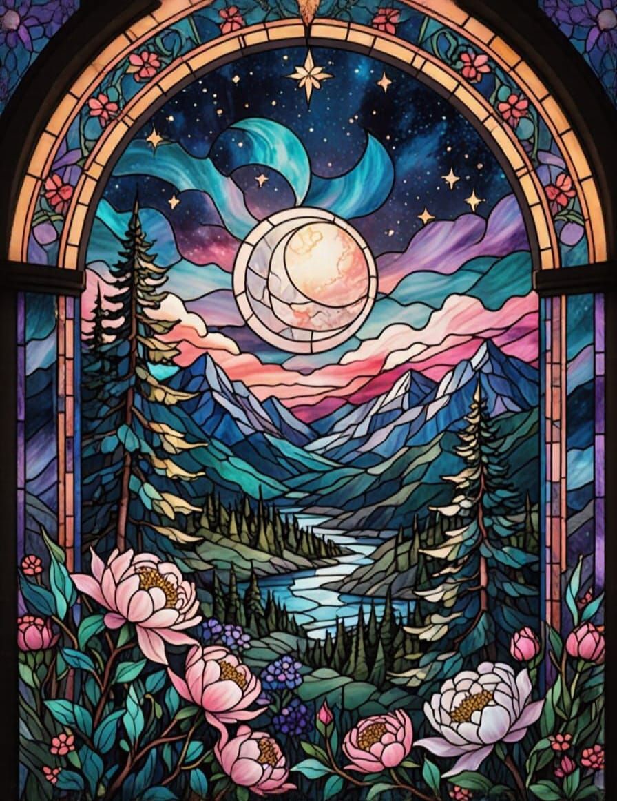 Fantasy Stained Glass Night Sky Window