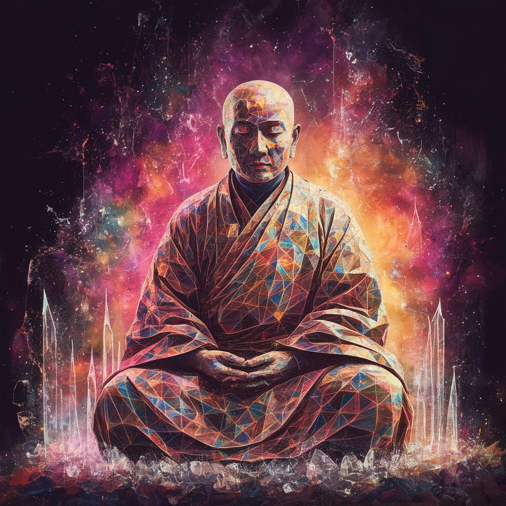 Surreal Tibetan Monk in Geometric Patterns