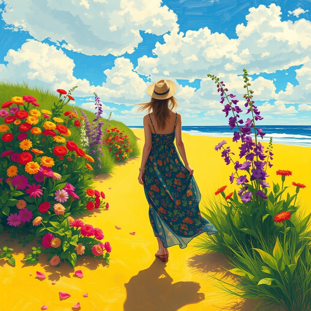 Woman on Golden Beach in Impressionist Style