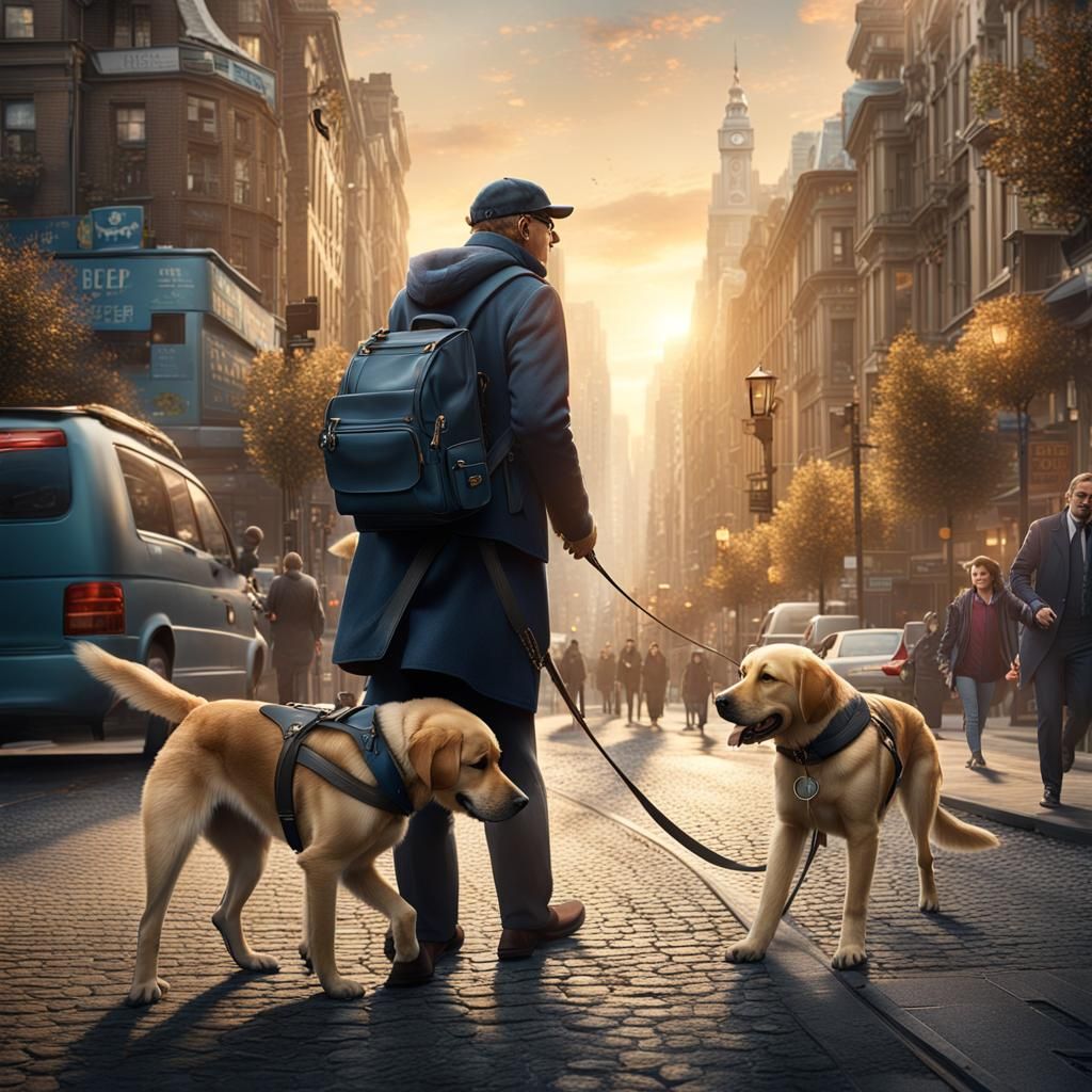 Guide Dog Navigates City Street: Matte Painting