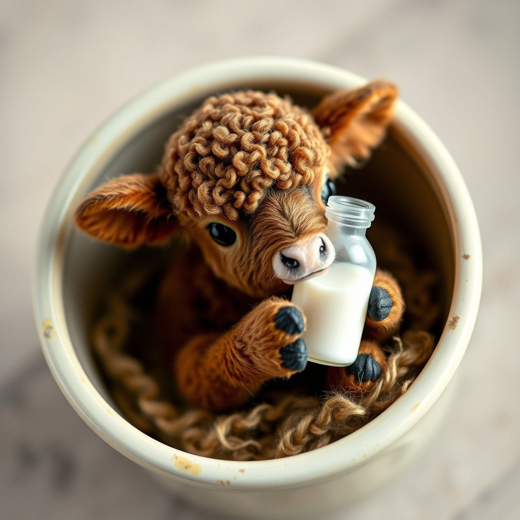 Calf in Teacup with Milk Bottle, Photorealistic