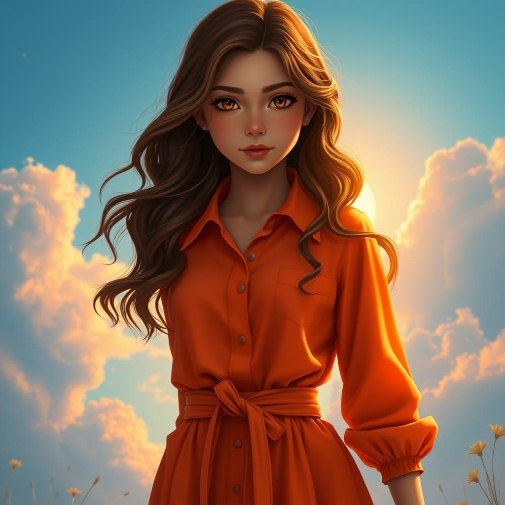 Girl in Whimsical Orange Dress Amidst Sunset in a Fantastica...