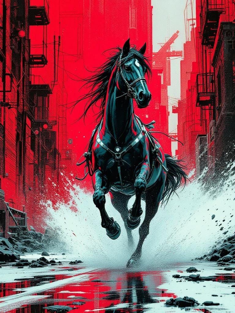 Horse Running Free in Cyberpunk Graphic Novel Panel