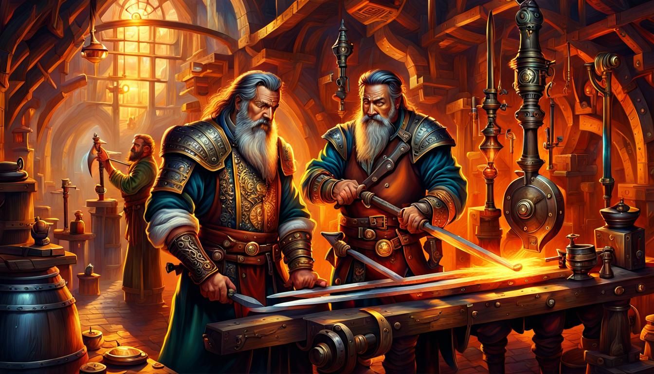 Dwarven Blacksmith and Apprentice Create Sword