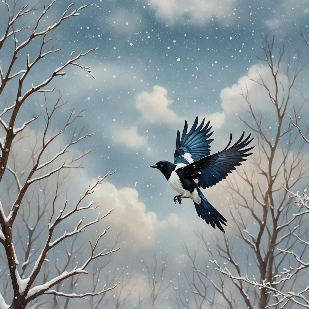 Magpie in Flight: Whimsical Wildlife Illustration