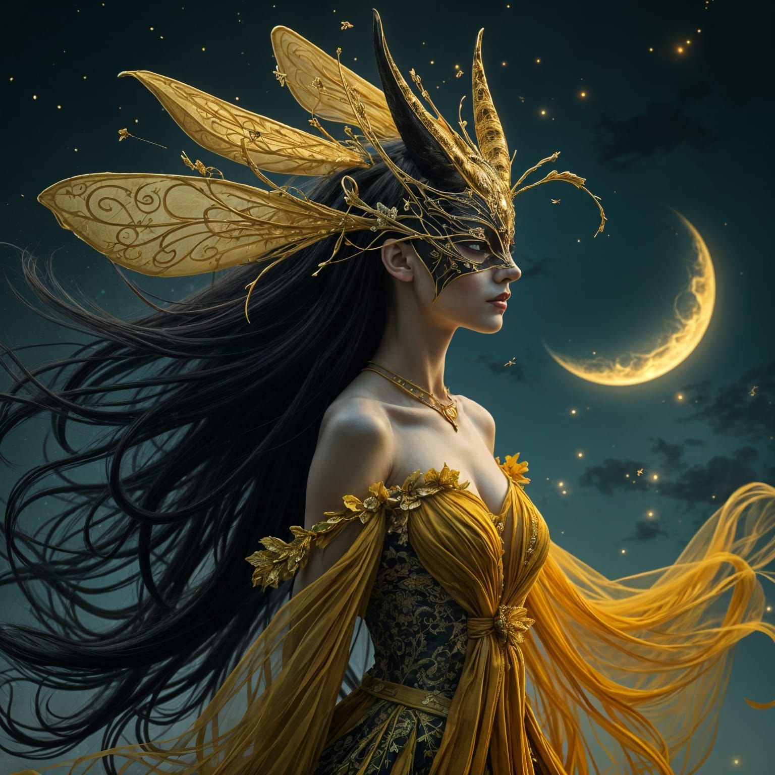 Ethereal Bee Goddess in Chiaroscuro Night Sky