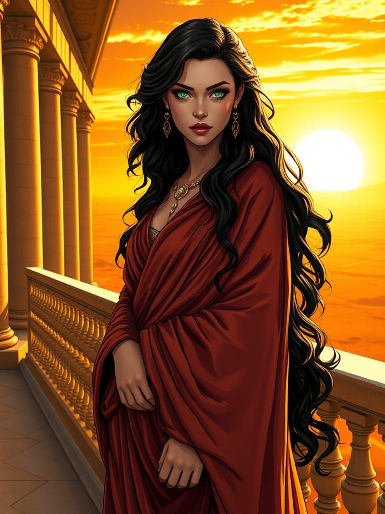 Ethereal Ancient Greek Queen in Vibrant Sunset Glory