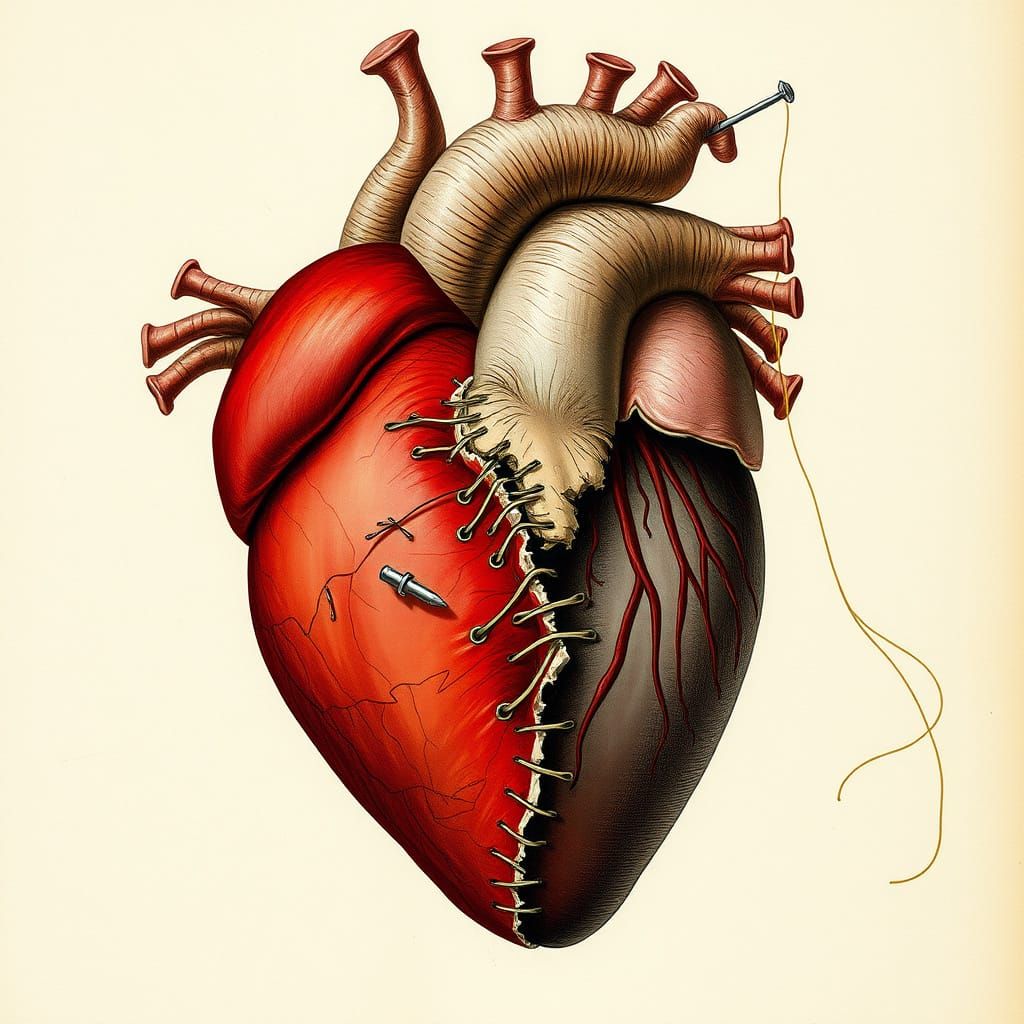 Surreal Anatomical Heart with Stitches