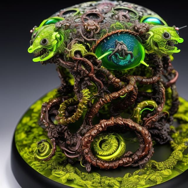 Macrophotography of Resin Miniature of Microorganism with Naturepunk Design, on Textured Disk