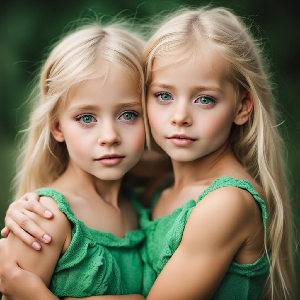 Blonde Sisters with Green Eyes Hugging