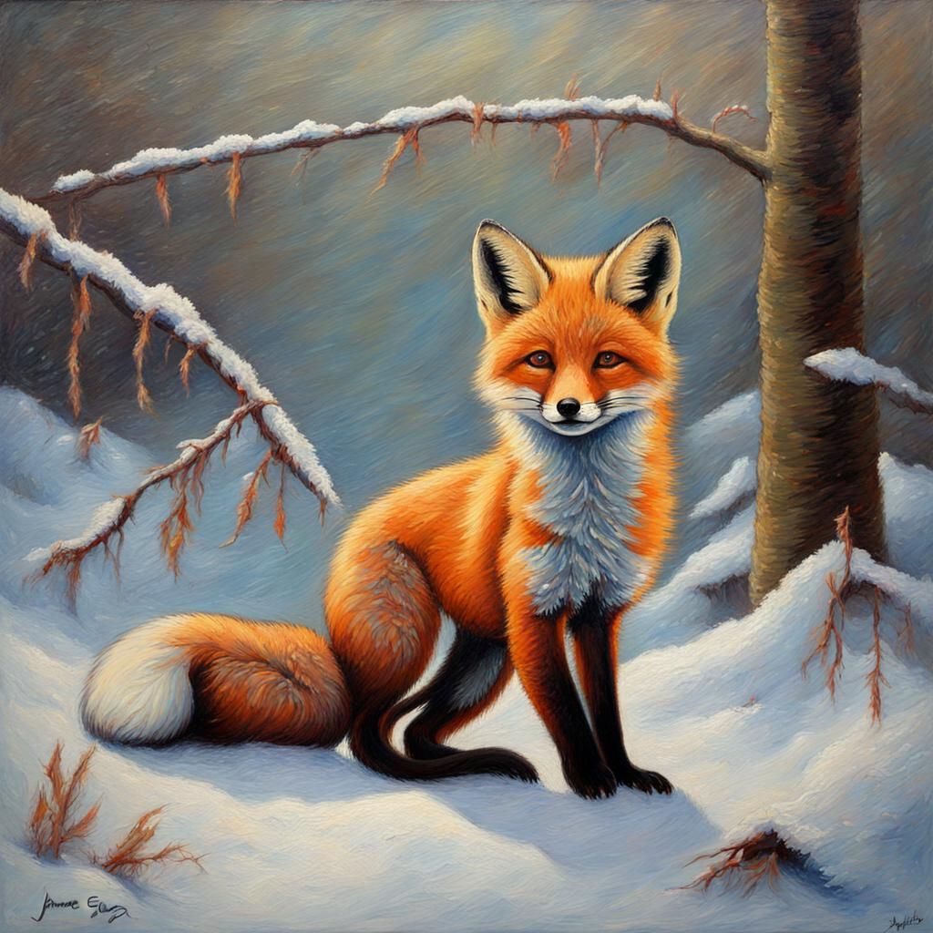 BABY FOX IN WOODLAND WINTER