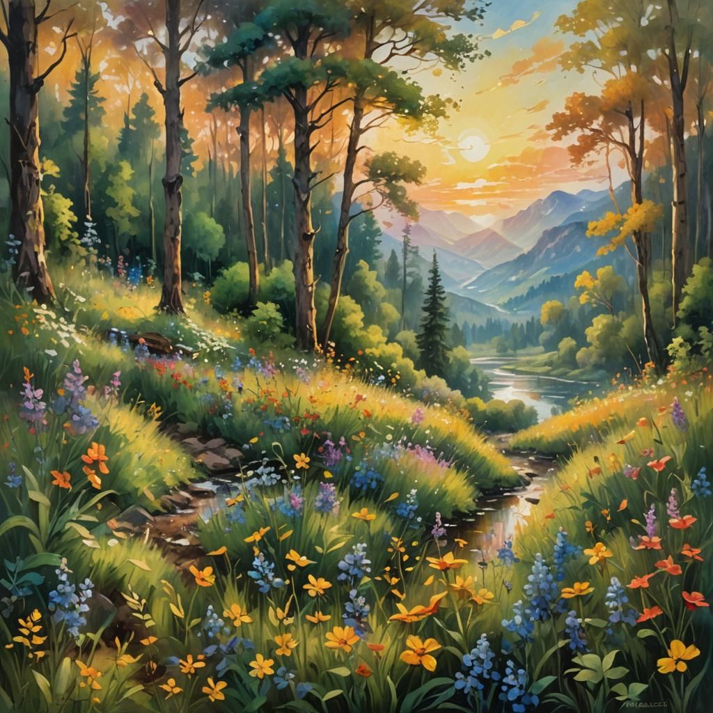 Impressionist Riverside Landscape with Birds and Butterflies