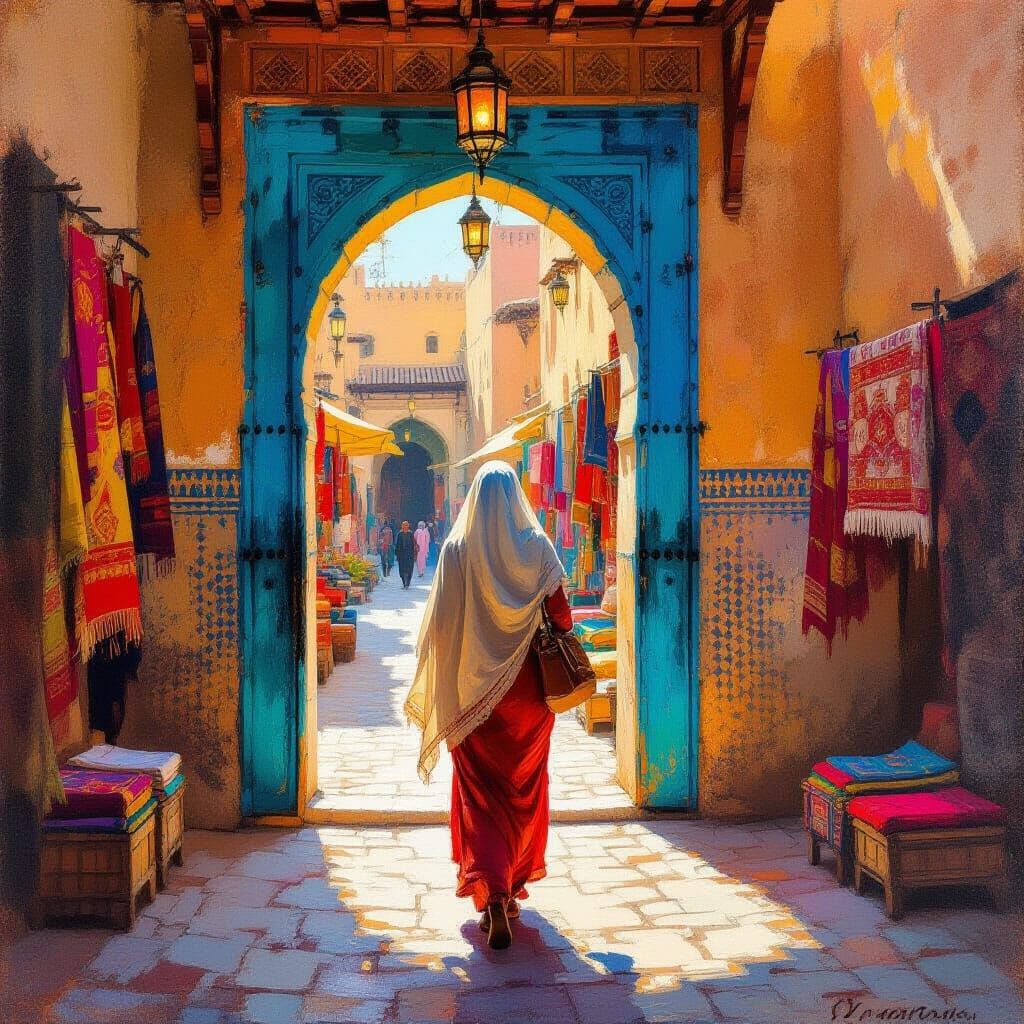Moroccan Bazaar with Veiled Woman, Impressionist Style